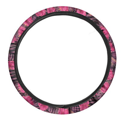 Pink Hawaiian Hibiscus Pattern Print Car Steering Wheel Cover