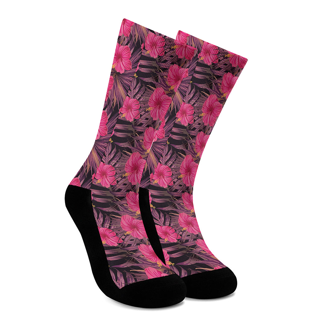 Pink Hawaiian Hibiscus Pattern Print Crew Socks