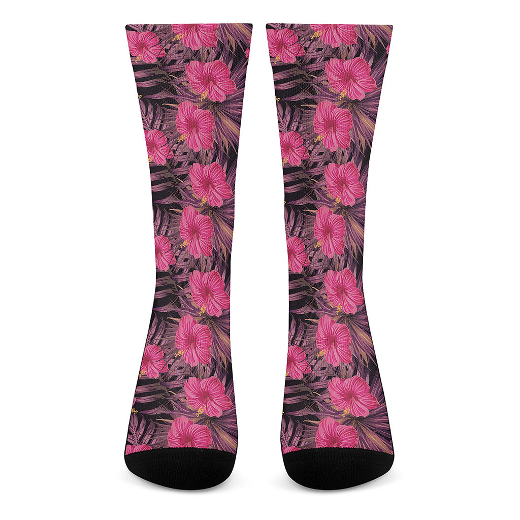 Pink Hawaiian Hibiscus Pattern Print Crew Socks