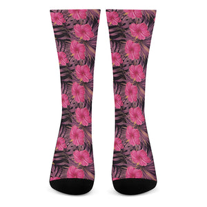 Pink Hawaiian Hibiscus Pattern Print Crew Socks