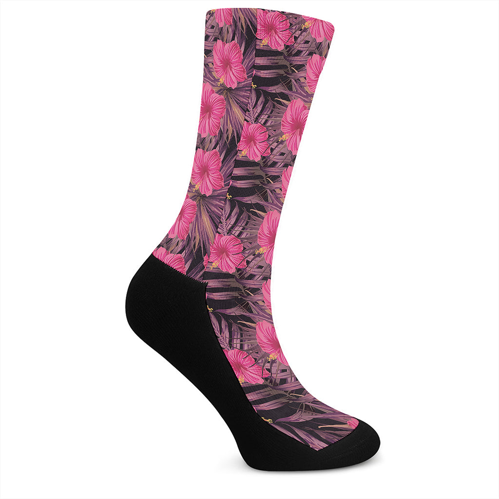 Pink Hawaiian Hibiscus Pattern Print Crew Socks