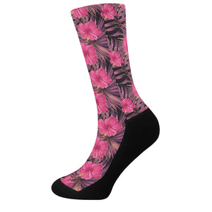 Pink Hawaiian Hibiscus Pattern Print Crew Socks