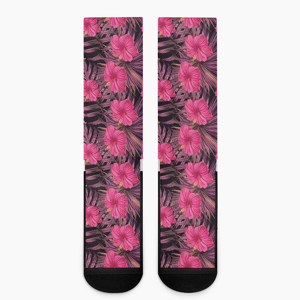 Pink Hawaiian Hibiscus Pattern Print Crew Socks