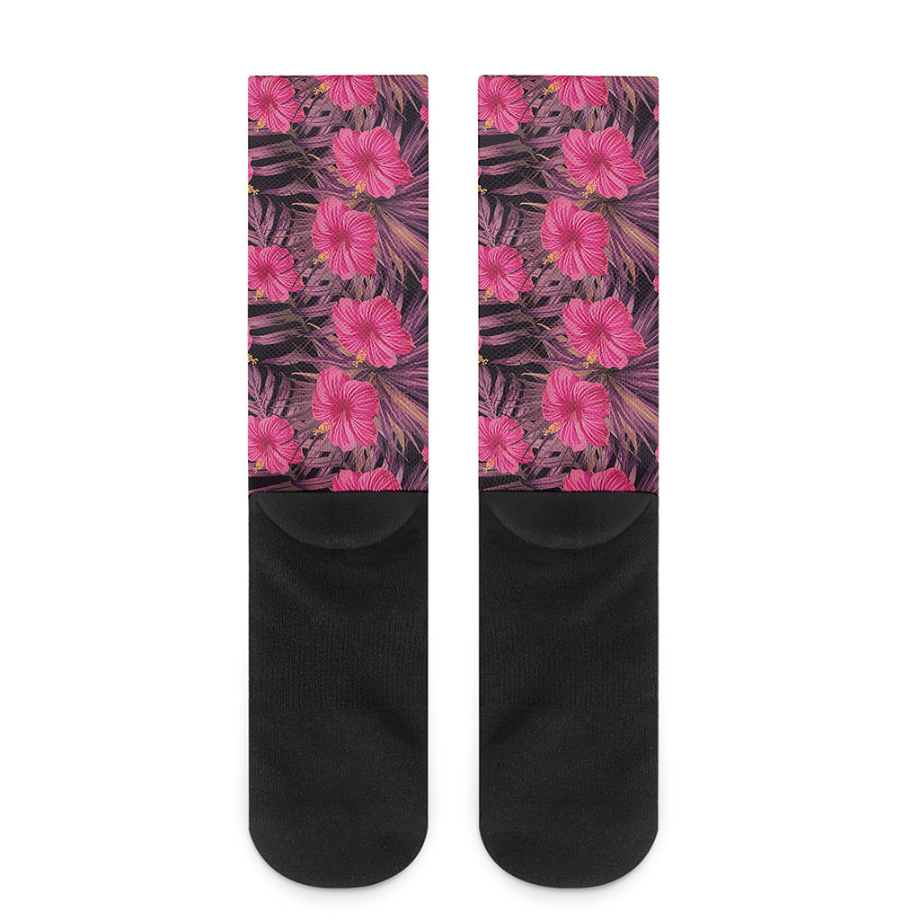 Pink Hawaiian Hibiscus Pattern Print Crew Socks