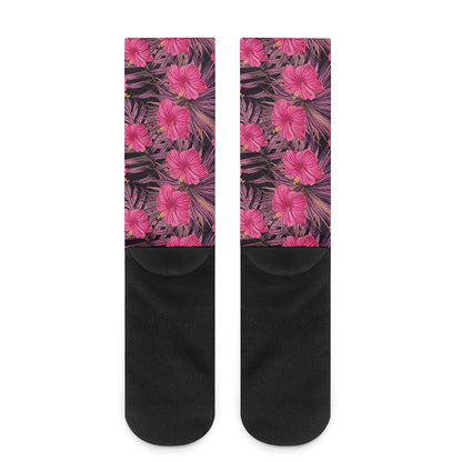 Pink Hawaiian Hibiscus Pattern Print Crew Socks