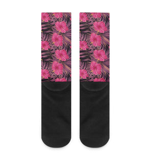 Pink Hawaiian Hibiscus Pattern Print Crew Socks