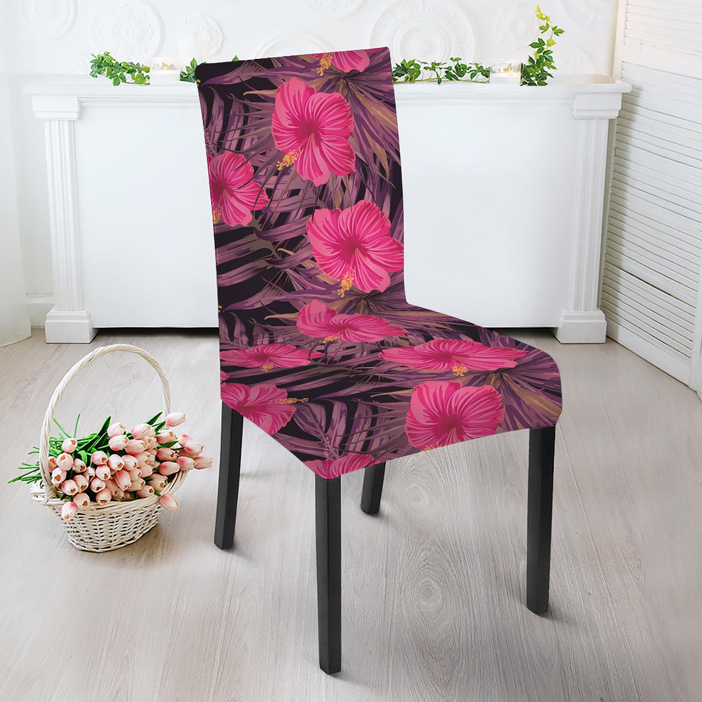 Pink Hawaiian Hibiscus Pattern Print Dining Chair Slipcover