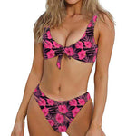 Pink Hawaiian Hibiscus Pattern Print Front Bow Tie Bikini