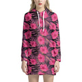 Pink Hawaiian Hibiscus Pattern Print Pullover Hoodie Dress