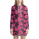 Pink Hawaiian Hibiscus Pattern Print Hoodie Dress