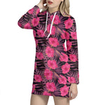 Pink Hawaiian Hibiscus Pattern Print Hoodie Dress