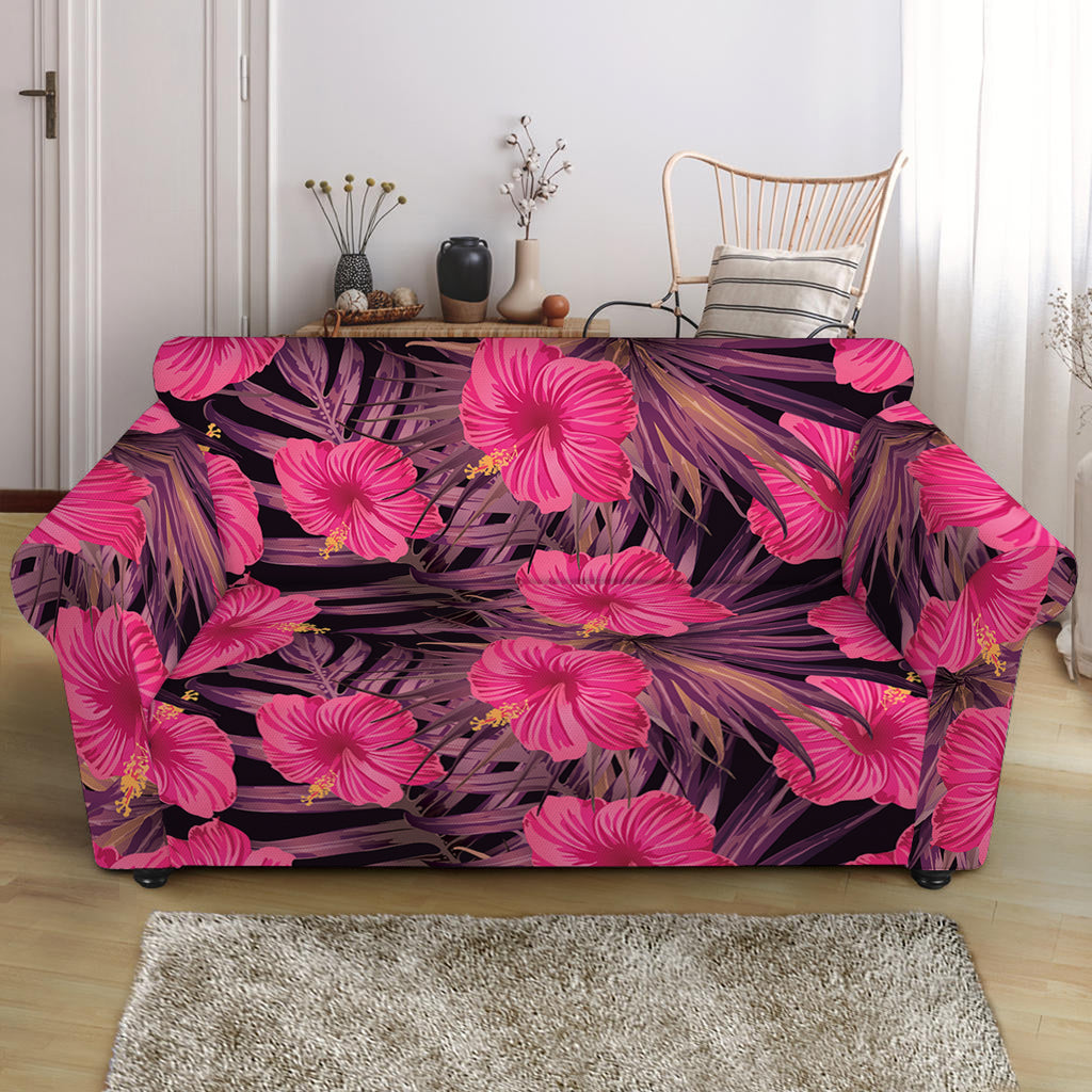 Pink Hawaiian Hibiscus Pattern Print Loveseat Slipcover