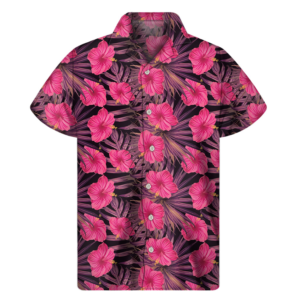 Pink Hawaiian Hibiscus Pattern Print Men's Short Sleeve Shirt