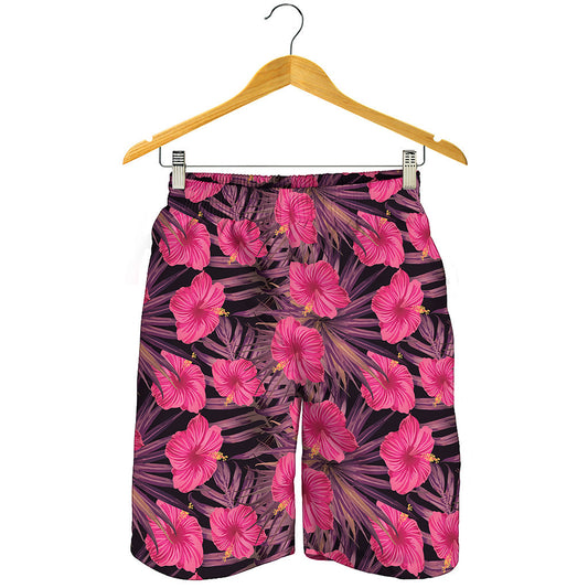 Pink Hawaiian Hibiscus Pattern Print Men's Shorts