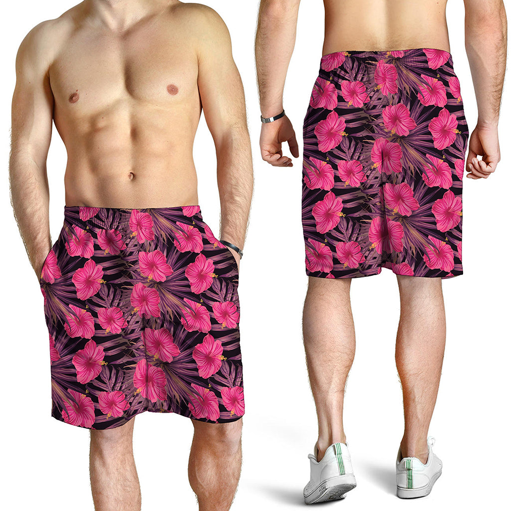 Pink Hawaiian Hibiscus Pattern Print Men's Shorts