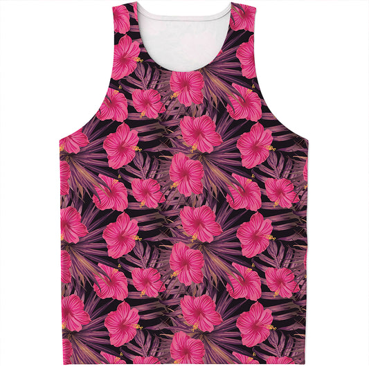 Pink Hawaiian Hibiscus Pattern Print Men's Tank Top