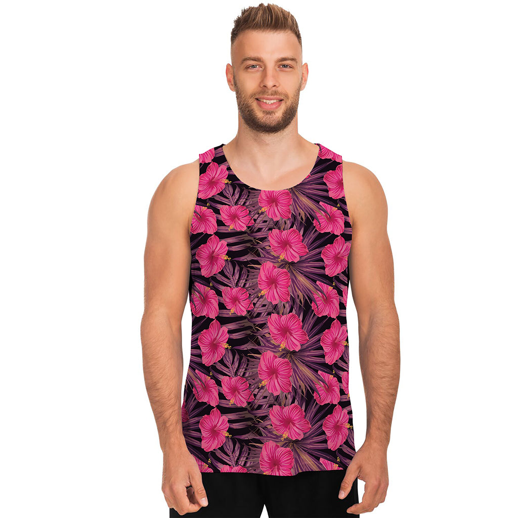 Pink Hawaiian Hibiscus Pattern Print Men's Tank Top