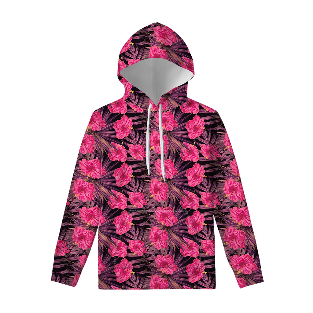 Pink Hawaiian Hibiscus Pattern Print Pullover Hoodie