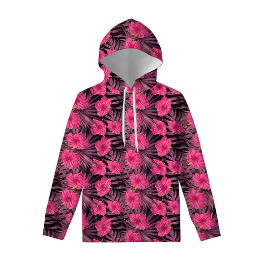 Pink Hawaiian Hibiscus Pattern Print Pullover Hoodie