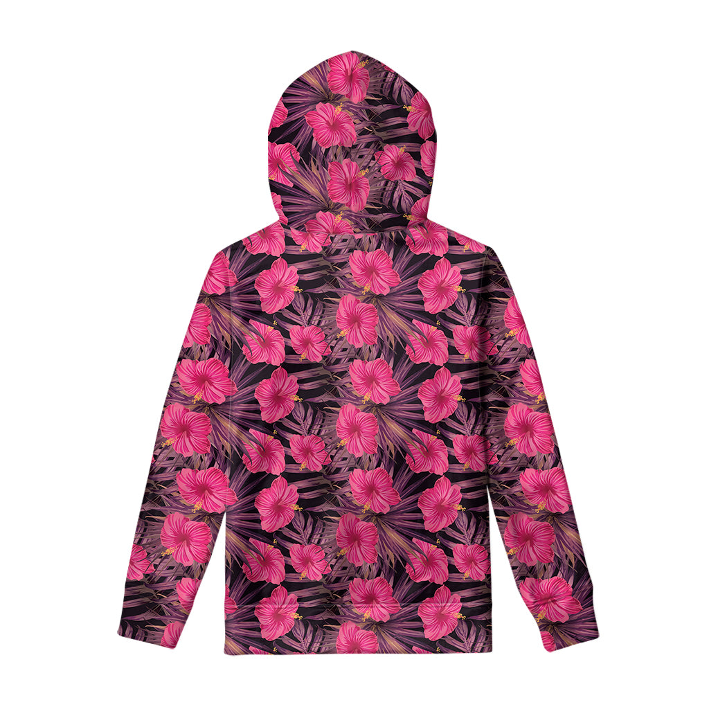 Pink Hawaiian Hibiscus Pattern Print Pullover Hoodie