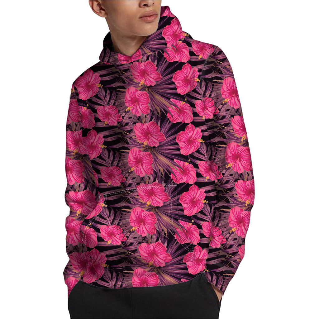 Pink Hawaiian Hibiscus Pattern Print Pullover Hoodie