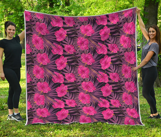 Pink Hawaiian Hibiscus Pattern Print Quilt