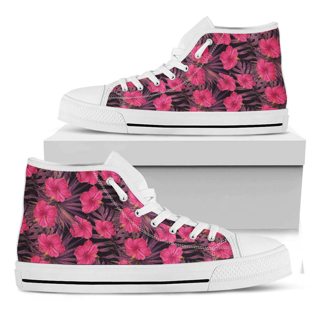 Pink Hawaiian Hibiscus Pattern Print White High Top Shoes