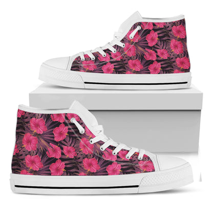 Pink Hawaiian Hibiscus Pattern Print White High Top Shoes