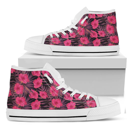Pink Hawaiian Hibiscus Pattern Print White High Top Shoes