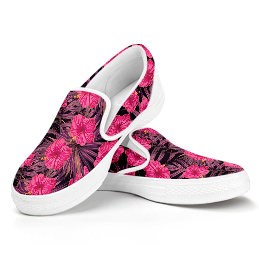 Pink Hawaiian Hibiscus Pattern Print White Slip On Shoes
