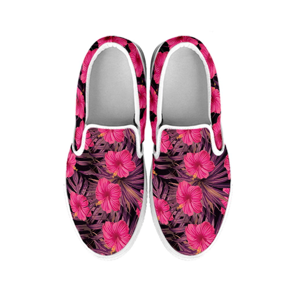Pink Hawaiian Hibiscus Pattern Print White Slip On Shoes