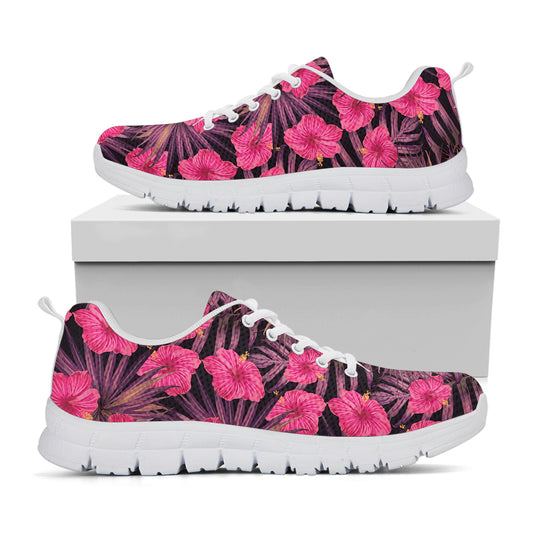 Pink Hawaiian Hibiscus Pattern Print White Sneakers