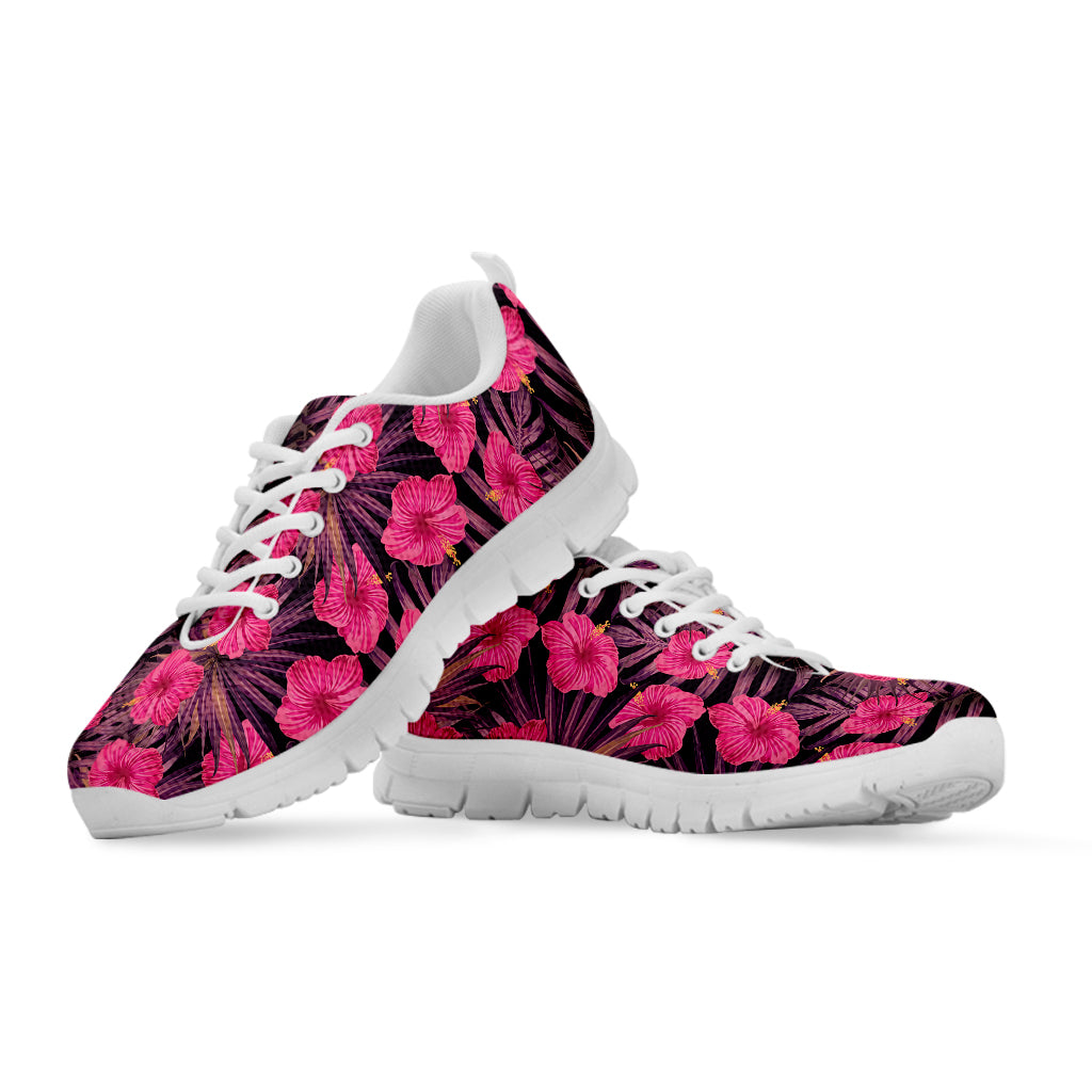 Pink Hawaiian Hibiscus Pattern Print White Sneakers