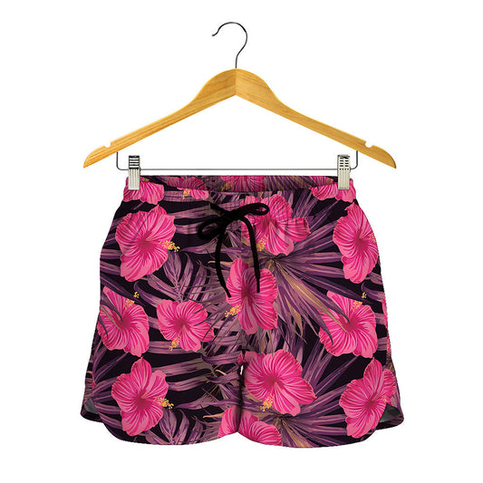 Pink Hawaiian Hibiscus Pattern Print Women's Shorts