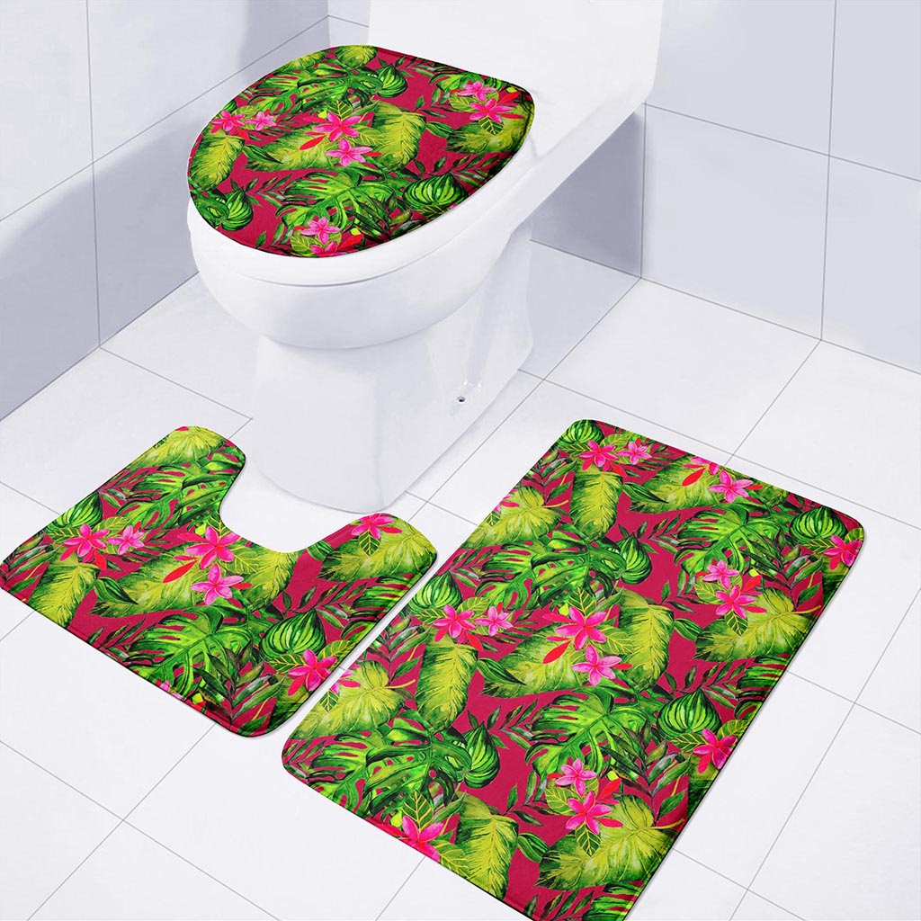 Pink Hawaiian Tropical Pattern Print 3 Piece Bath Mat Set