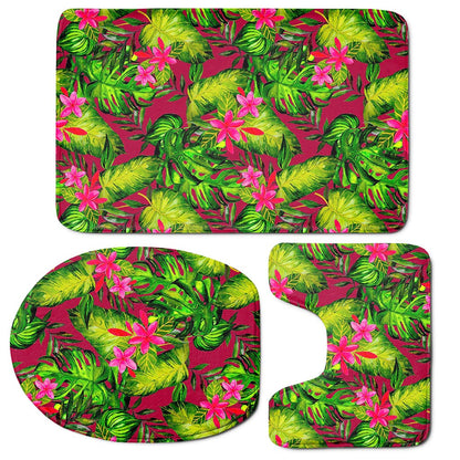 Pink Hawaiian Tropical Pattern Print 3 Piece Bath Mat Set