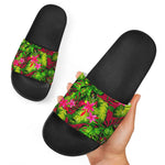 Pink Hawaiian Tropical Pattern Print Black Slide Sandals