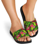 Pink Hawaiian Tropical Pattern Print Black Slide Sandals