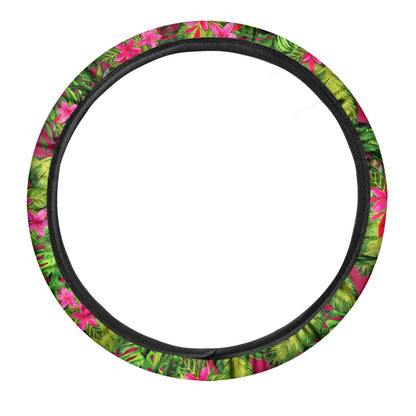Pink Hawaiian Tropical Pattern Print Car Steering Wheel Cover