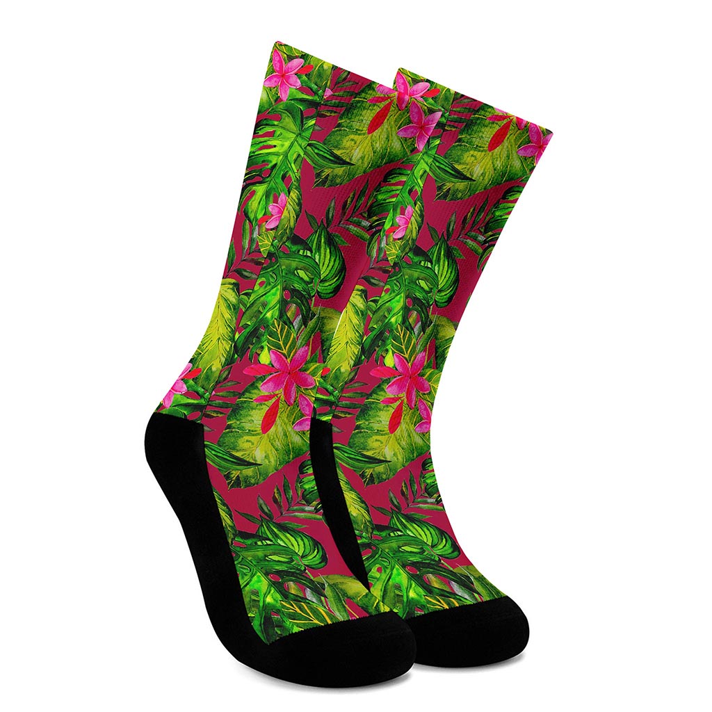 Pink Hawaiian Tropical Pattern Print Crew Socks