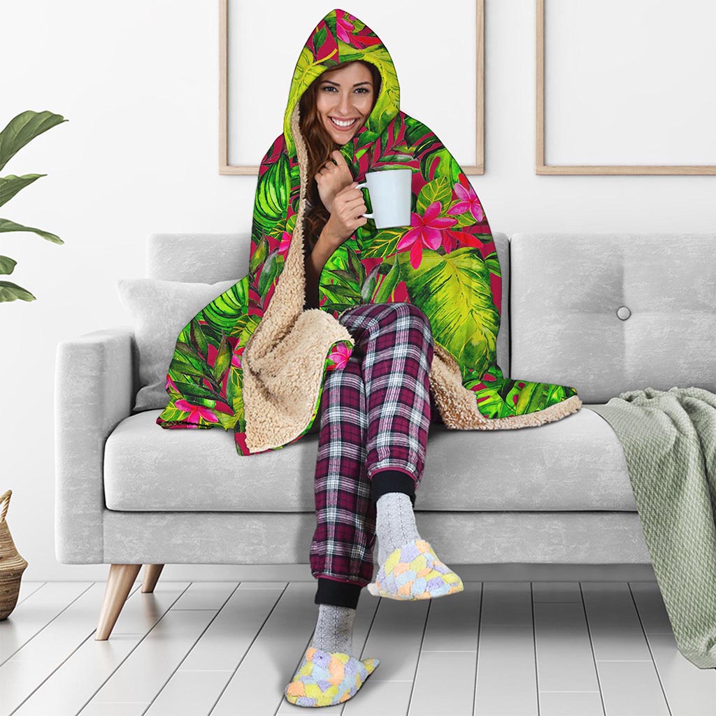 Pink Hawaiian Tropical Pattern Print Hooded Blanket