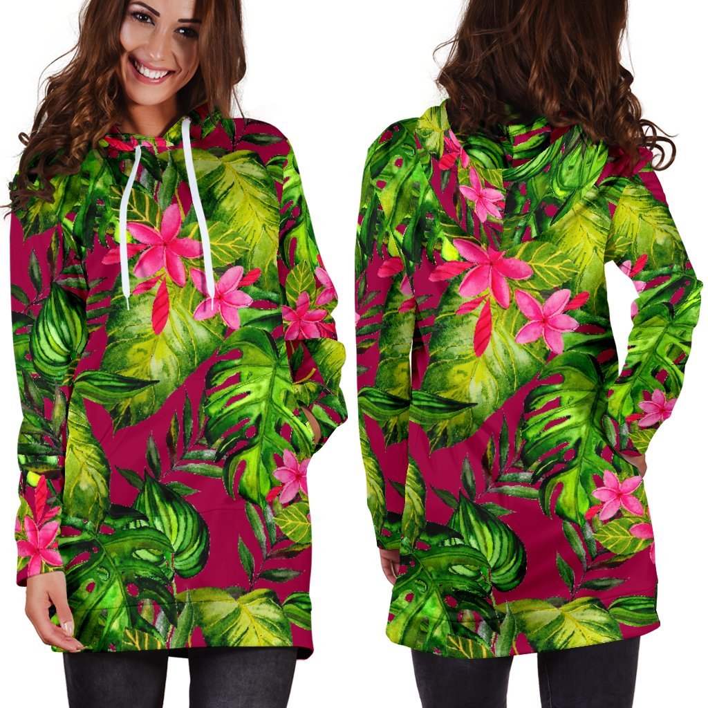 Pink Hawaiian Tropical Pattern Print Hoodie Dress GearFrost