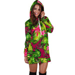 Pink Hawaiian Tropical Pattern Print Hoodie Dress GearFrost