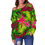 Pink Hawaiian Tropical Pattern Print Off Shoulder Sweatshirt GearFrost