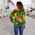 Pink Hawaiian Tropical Pattern Print Off Shoulder Sweatshirt GearFrost