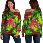 Pink Hawaiian Tropical Pattern Print Off Shoulder Sweatshirt GearFrost
