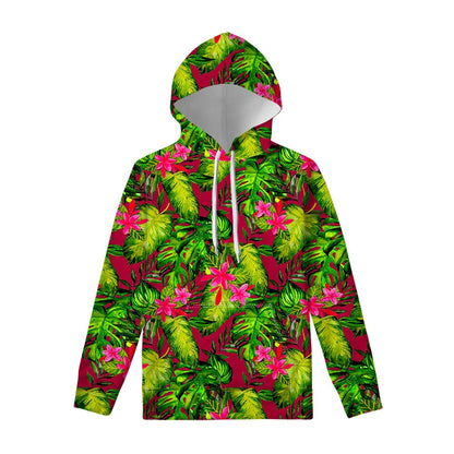 Pink Hawaiian Tropical Pattern Print Pullover Hoodie