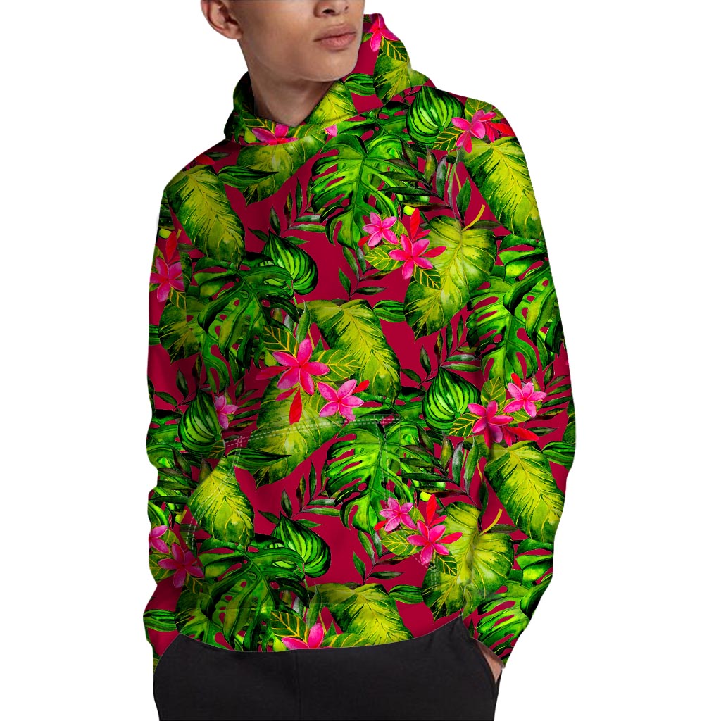 Pink Hawaiian Tropical Pattern Print Pullover Hoodie