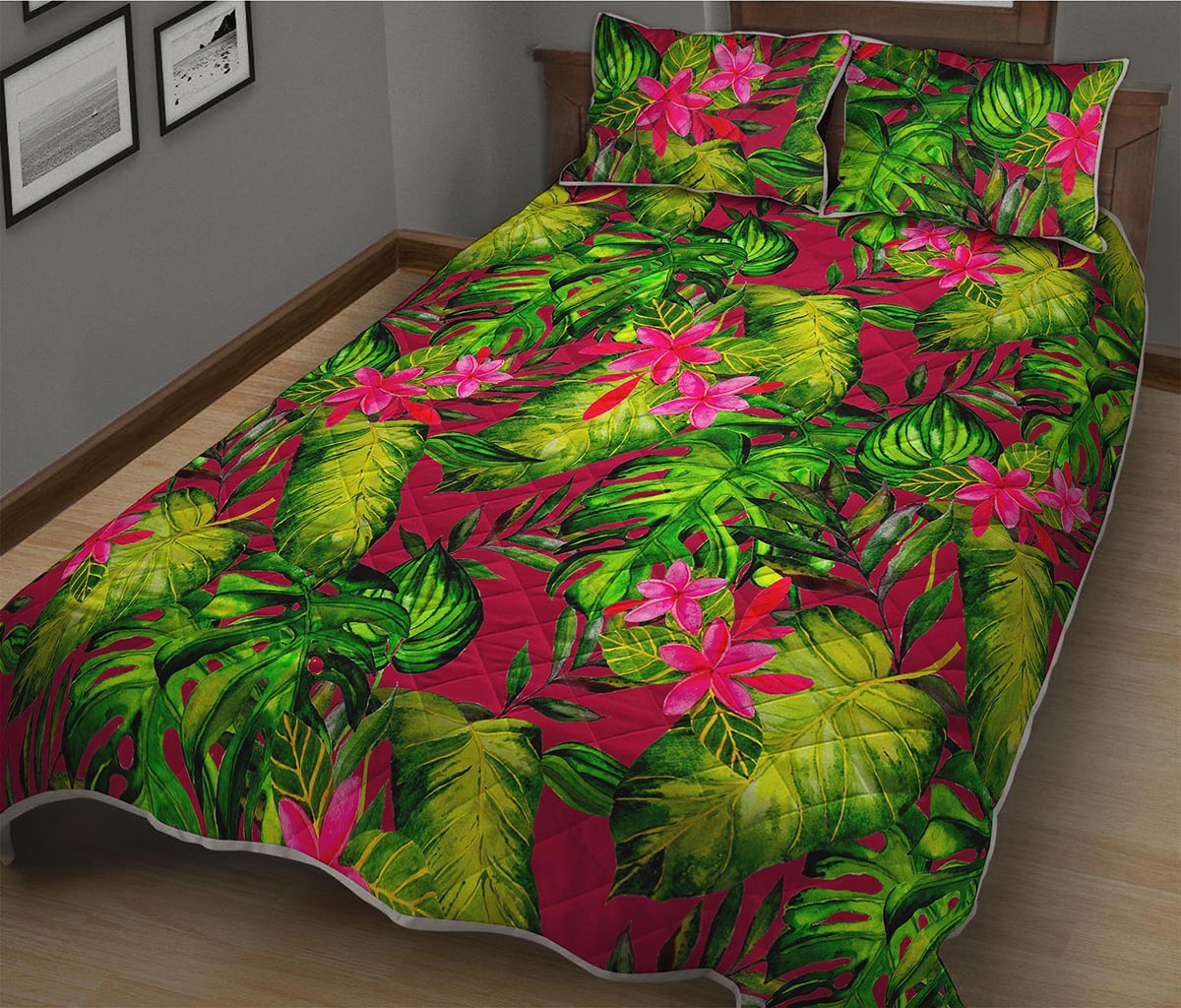 Pink Hawaiian Tropical Pattern Print Quilt Bed Set