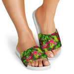 Pink Hawaiian Tropical Pattern Print White Slide Sandals